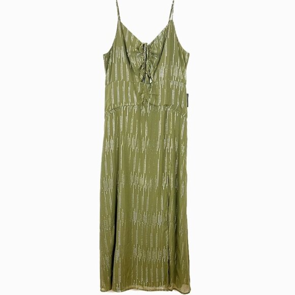 NWT Express Maxi Dress Women's Size XL Olive Green Metallic Cutout Ruched Front - Picture 4 of 16